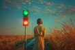 © Miss V - a woman is standing on a desert road next to a traffic sign, she needs to decide on her life path
