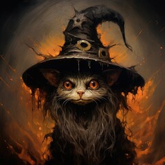 Painting of spooky cat witch halloween mascot. Scary witch painting. Illustration for halloween event.