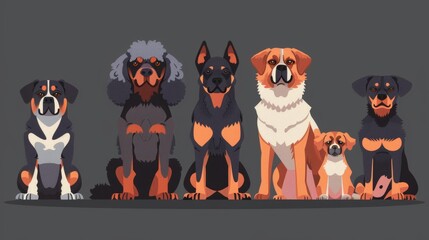 The Front View Illustration of a Group of Dog Breeds, different sizes, with a pet at the center