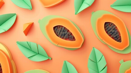 Wall Mural - Papaya cartoon in 3D geometric papercut design on fruit background