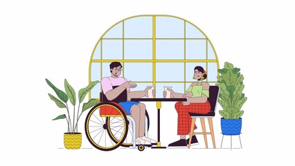 Poster - Diverse couple resting in cafe line cartoon animation. Disability inclusion 4K video motion graphic. Wheelchaired arab man with hindu woman 2D linear animated characters isolated on white background