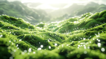 Poster - 3D render of a green grassy field on a bright, sunny day with soft lighting. Moss covered hills in the close up view with a depth of field and bokeh effect. Generative AI.
