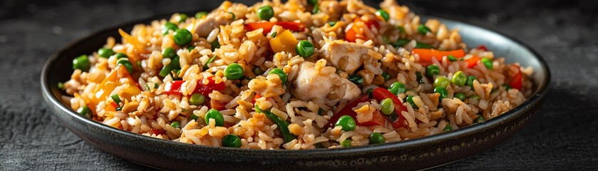 A delicious plate of chicken fried rice with vibrant vegetables, perfect for a tasty and colorful meal, served on a dark background.