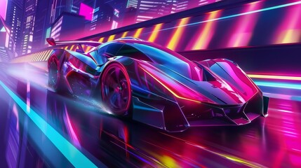 In a neon city, sleek sports cars race fast in a futuristic-looking racing game on PC, console, or virtual reality.