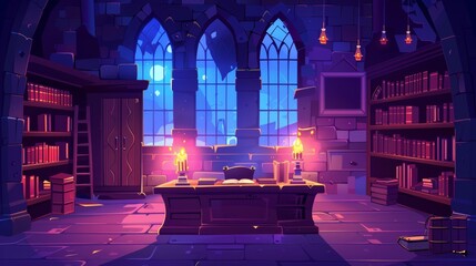 Wall Mural - Old magic school room during the night, with a cartoon wizard game background and classroom interior. Medieval alchemist study desk in castle, with wood bookcase and magician books.