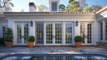 Aufkleber - A close up of the back patio of a gorgeous house with a single set of white doors on the patio in the back of the house. Generative AI.