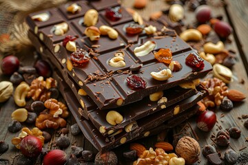 Aufkleber - Detailed close-up of a chocolate bar studded with nuts and dried fruits, showcasing rich textures and natural ingredients. Generative AI
