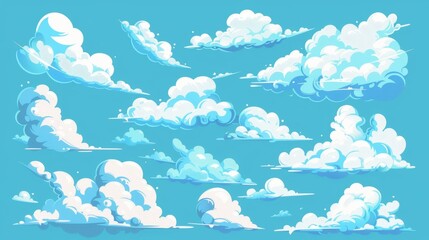 Poster - Cartoon white clouds icon set isolated on blue background. Blue sky clouds with weather symbol. Modern illustration of a sky cloudscape.