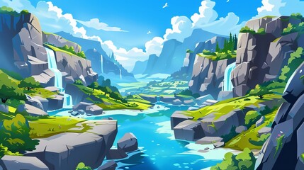 With a mountain landscape background, there is a beautiful cartoon of a river