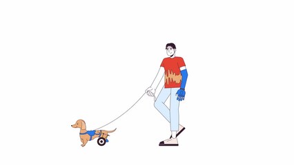 Poster - Korean man and dog on walking wheels line 2D character animation. Disabled animal care flat color cartoon 4K video, alpha channel. Man with prosthetic arm and pet animated person on white background
