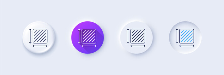 Poster - Square area line icon. Neumorphic, Purple gradient, 3d pin buttons. Room dimension sign. Territory measurement symbol. Line icons. Neumorphic buttons with outline signs. Vector