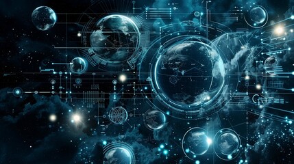 Poster - Advanced cosmic surveillance illustration. Tech-inspired graphic with planets wallpaper scene artwork. Technological and astronomical elements background image digital art concept