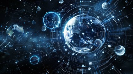 Poster - Earth encircled by global connectivity illustration. Orbital networks. Futuristic visualization wallpaper scene artwork. Complex digital composition background image digital art concept