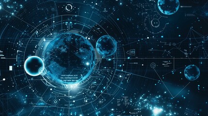 Poster - Futuristic visualization of Earth with celestial bodies illustration. Advanced space exploration wallpaper scene artwork. Digital interfaces background image digital art concept
