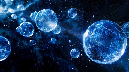 Poster - Multiple digital globes in networked space illustration. Interconnected data systems wallpaper scene artwork. Futuristic dark blue technologies background image digital art concept