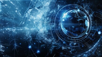 Poster - Earth surrounded by network of technological data lines illustration. Global data connectivity and surveillance wallpaper scene artwork. Cybernetic background image digital art concept