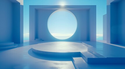 Poster - Serene minimalistic architecture platform 3d rendering image. Large circular opening frames blue sky background wallpaper colorful realistic. Tranquility and openness concept idea