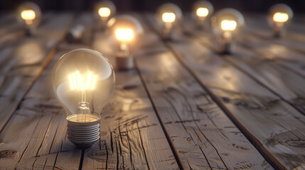 there are many light bulbs that are on a wooden table