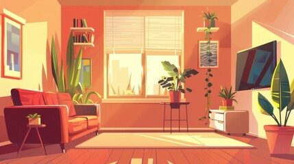 Wall Mural - Interior of a living room with a comfortable couch, a TV, a window, a chair, and house plants. Modern illustration with flat colors.