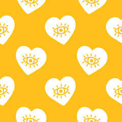 Wall Mural - Yellow seamless pattern with white hearts and eyes