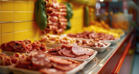 Wall Mural - A small selection of lunch meats neatly organized on a table, background is a red and yellow office. Generative AI.