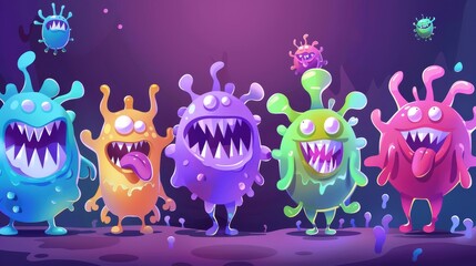 Funny germs, bacteria, and cute pathogens. Microbe cells with tongues, teeth, and scary smiles. Coronavirus and influenza pathogens.