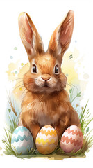 Wall Mural - there is a rabbit sitting in the grass with eggs