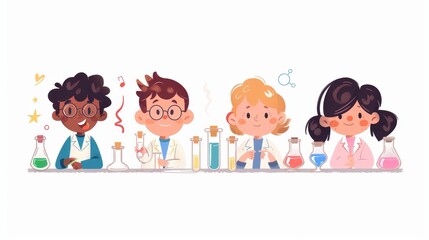 multiracial kids scientists do scientific experiments in a chemistry lab. a modern illustration set 