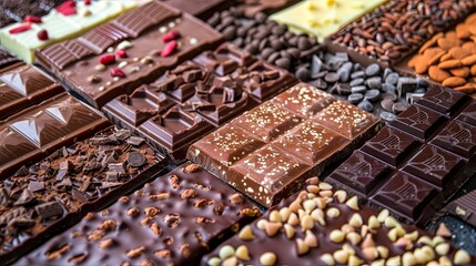 Aufkleber - Assorted chocolate bars in rich colors and flavors, neatly arranged for a close-up view. Generative AI