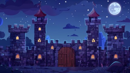 Wall Mural - Old architecture. Home of the royal family. Black and white cartoon of a medieval stone castle wall at night. Old city citadel, fortress with windows, wooden gates, towers, and moon in dark sky.