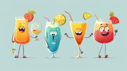 Wall Mural - Animated cartoon image of retro 70s beverage characters. Beer, cocktails, juices, and martinis mascots. Vintage images of alcohol. Nostalgia of the 60s and 80s.