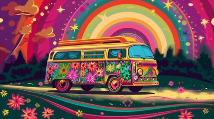 Wall Mural - Modern Illustration of psychedelic cartoons on hippie 70s posters