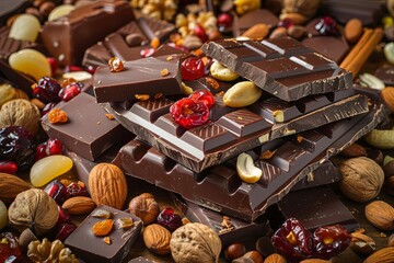 Aufkleber - A mound of chocolate bars adorned with nuts and cranberries, showcasing rich textures and natural ingredients. Generative AI