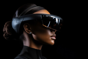 arafed woman wearing a futuristic helmet and goggles on a black background