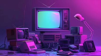 collection of vintage electronic devices image. old computers and tv set, illuminated by purple ligh