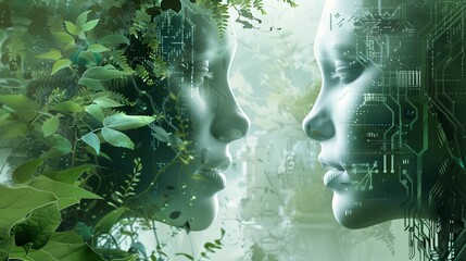Poster - Blending human face with vibrant natural and digital art. Environmental tech. Botanical circuits wallpaper scene artwork. Technology and nature concept background image horizontal
