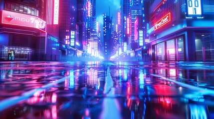 Neon night in a cyberpunk city. Photorealistic 3D illustration of a futuristic city with blue neon lights.