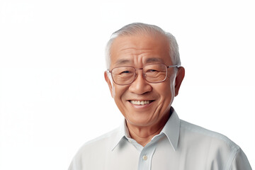 Wall Mural - Smiling senior asian man on white background. Topics related to old age. Asian. China. Japan. Retirement home. Retirement. Image for Graphic Designer. Senior residence. AI.