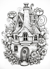 Wall Mural - a black and white drawing of a house surrounded by flowers