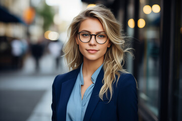 Wall Mural - blond woman in glasses standing on a city street with a blue shirt