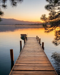 Wall Mural - Sunset background with wooden old boat and wooden pier in the lake view. Peaceful sunset. Beautiful morning sunrise at a lake.