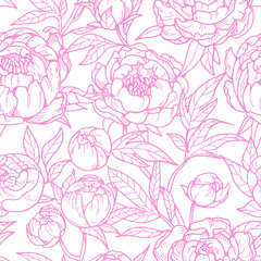 Poster - Flower blossoms pattern. Seamless floral print with peonies. Endless contoured background design, engraved etched drawing. Botanical texture in retro vintage style. Hand-drawn vector illustration
