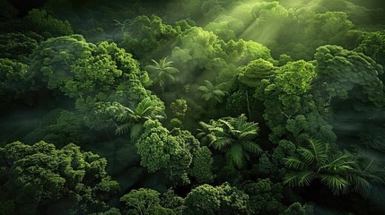 Poster - Aerial view of a lush green tropical rainforest with sunlight filtering through the dense canopy, creating a serene and vibrant nature scene.