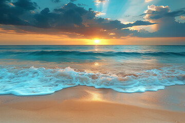 Golden sand meets a blue ocean and cloudscape with the sunset in the background