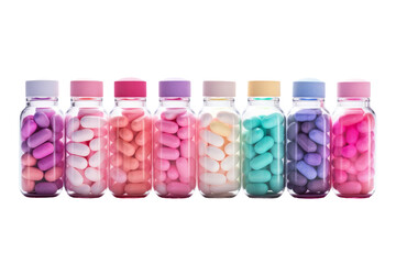 Spectrum of Healing: A Kaleidoscope of Pills on a White or Clear Surface PNG Transparent Background.