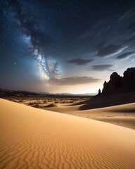 Fototapete - Night scenery galaxy milky way desert wallpaper. Desert night landscape. The sky with stars and the milky way over the endless desert.