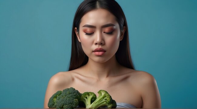 Beautiful attractive asian woman model sad expression eating broccoli