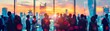 © Jiraphiphat - Blurred business crowd networking at a corporate cocktail party, with skyscrapers and a sunset view in the background