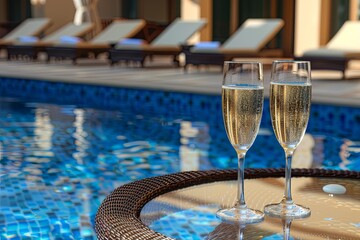 two glasses of champagne on a table near a brown sun lounger in a pool with blue water, view from the hotel