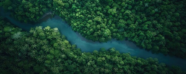 Poster - Aerial view of a winding river flowing through a dense, lush green forest, showcasing the beauty of nature and the wilderness.